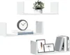 Three white U-shaped wall shelves are displayed against a white background. The top shelf holds a potted plant. The middle shelf displays a clock and two books. The bottom shelf features two framed pictures and several books. Náhled obrázku produktu