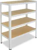A white metal shelving unit with four wooden shelves, shown from a slightly angled front view against a white background. Voir les images du produit