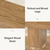 A collage of close-up images highlighting the wood grain and legs of a bench, with descriptive text. Voir les images du produit