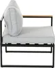 Side view of a grey outdoor lounge chair with black metal frame and wooden armrest. Produktbild-Vorschau