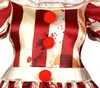 Close-up of a clown costume with red and beige stripes and blood splatters. Produktbild-Vorschau