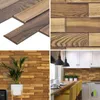 A collage of images showing wood-look PVC wall panels in different applications and close-ups. Produktbild-Vorschau