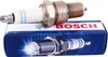 A Bosch spark plug is shown resting on its packaging box. Produktbild-Vorschau