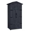 A dark gray wooden garden shed with double doors and a pitched roof, presented against a white background. Produktbild-Vorschau