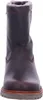 A close-up, front-facing view of a brown leather boot with a grey sole and a fluffy lining around the top. Produktbild-Vorschau