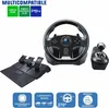 A gaming steering wheel, pedals, and gear shifter set displayed on a white background with marketing text and icons. Náhľad obrázku produktu