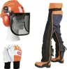 A collection of safety gear for chainsaw use, including a helmet with visor and ear protection, gloves, and leg chaps. Produktbild-Vorschau