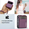Collage of product images showing a purple phone case with a lanyard and card slots, a woman holding a coffee cup with the phone case attached to her wrist, and a close-up of the card slots. Produktbild-Vorschau