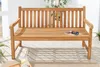 A wooden garden bench on a wooden deck with some plants in the background. Produktbild-Vorschau
