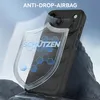 A black iPhone case is shown with a protective shield overlay, highlighting its anti-drop features. The background is a rocky, misty landscape. Produktbild-Vorschau