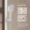 A close-up of a white shower head and rail system, with inset images demonstrating its features and text describing its functionality. Podgląd zdjęcia produktu