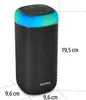 A black cylindrical Bluetooth speaker with a colored LED light ring on top, shown with dimensions indicated by dashed lines and text. Voir les images du produit