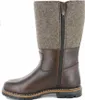 A side view of a brown leather and gray felt boot. Produktbild-Vorschau