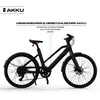A black electric bicycle is shown against a white background, with text describing its features. Produktbild-Vorschau