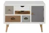 A white chest of drawers with multiple differently colored and textured drawers and a single door on the right side, set on wooden legs. Voir les images du produit