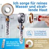 A shower head and its components are displayed with text highlighting its features and benefits. Produktbild-Vorschau