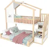 A children's bunk bed with a house-like design, featuring a lower bed and an upper bunk accessible by stairs with storage. Náhled obrázku produktu