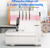 A close-up of a white and pink overlock sewing machine with colorful thread spools on top. Produktbild-Vorschau