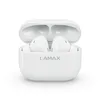 A pair of white LAMAX wireless earbuds in their charging case, with the lid open. Produktbild-Vorschau