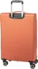 A back view of an orange suitcase with a retractable handle and four wheels. Produktbild-Vorschau