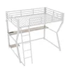 A white metal loft bed with a desk and ladder, shown against a white background. Voir les images du produit