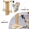 A collage showing a cat scratching post with toys and cats interacting with it. Produktbild-Vorschau