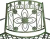 Close-up of the backrest of a green metal garden bench with floral and scrollwork details. Anteprima dell’immagine prodotto