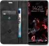 A black flip case for a Huawei P20 Lite phone, shown open with cards and cash inside, and the phone screen displaying the time and date. Produktbild-Vorschau