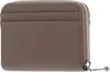 A close-up view of a taupe coin wallet with a zipper closure and card slots. Voir les images du produit