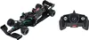 A black remote-controlled Formula 1 car and its remote control are shown against a white background. Produktbild-Vorschau