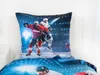 A close-up of a pillow and duvet cover with an ice hockey theme, displayed on a bed. Náhled obrázku produktu
