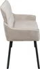 A side view of a taupe upholstered bench with black metal legs, isolated on a white background. Produktbild-Vorschau