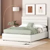 A bedroom scene with a white bed, green bedding, a floor lamp, and artwork on the wall. Produktbild-Vorschau