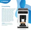 A coffee machine with two cups of coffee, next to a list of compatible models. Anteprima dell’immagine prodotto