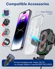 A smartphone is shown being placed into a car phone mount with wireless charging capabilities. The image also illustrates compatible and incompatible accessories for the phone mount. Podgląd zdjęcia produktu