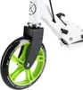 Close-up of the front wheel and fork of a white and green scooter. Voir les images du produit
