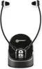A black wireless headset with two earbuds and a charging base, set against a white background. Produktbild-Vorschau