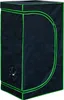 A black grow tent with green trim and a circular vent on the side. Produktbild-Vorschau