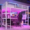 A loft bed setup with a gaming theme, featuring a desk, computer, and gaming chair underneath, illuminated by pink and blue LED lights. Anteprima dell’immagine prodotto