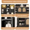 A collage of four images showcasing different features of a black multi-functional storage cabinet, likely for an entryway or hallway. Podgląd zdjęcia produktu