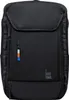 A black backpack is shown against a white background.