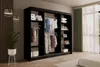A modern black wardrobe with sliding doors, filled with clothes and storage boxes, in a well-lit room. Produktbild-Vorschau