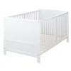 A white baby crib is shown from a side-angle against a white background. Produktbild-Vorschau