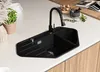 A black granite kitchen sink with a black faucet is shown on a light-colored countertop, with some decorative items and plants in the background. Produktbild-Vorschau