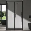 A modern bathroom with a black shower cabin and a black bathtub visible through a large window. Voir les images du produit