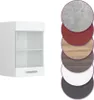 A white kitchen cabinet with two shelves and a drawer, next to a stack of circular color swatches. Náhled obrázku produktu
