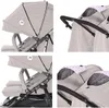 A collage of four close-up images of a twin stroller, showing details of the canopy, handle, and seating. Náhled obrázku produktu
