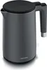 A gray electric kettle with a black lid and handle, shown from a slightly elevated side angle on a white reflective surface. Produktbild-Vorschau