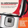 A close-up marketing image of an Instant Pot multi-cooker with text overlays highlighting its safety features. Produktbild-Vorschau