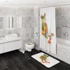 A modern bathroom with marble-effect tiles, a white vanity with a sink, a toilet, a bathtub, and a shower curtain with a frog design. Produktbild-Vorschau